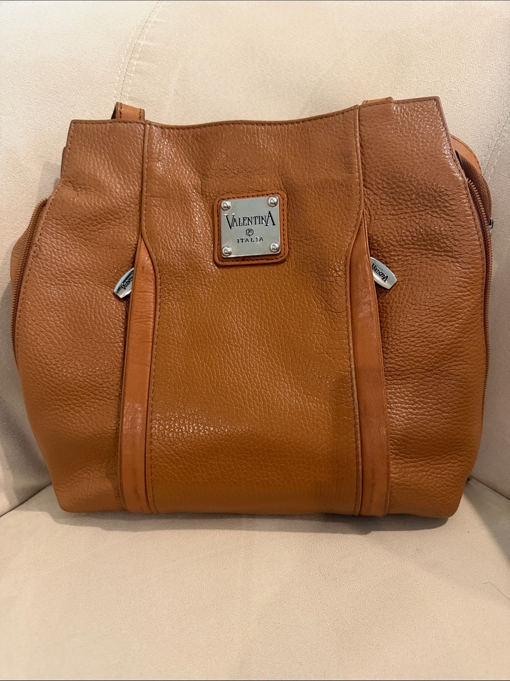Valentina Caramel Brown Leather Tote with Silver Plaque